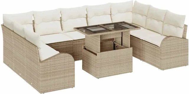 vidaXL Garten-Sofa-Set aus Polyrattan in Beige mit 10 Teilen, L-Form Lounge-Set inklusive Polsterkissen, Couchtisch und integriertem Stauraum für Terrasse und Garten - Bild 1
