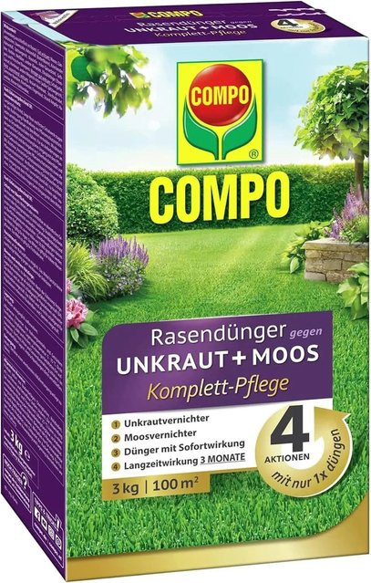 Compo Rasendünger Unkraut & Moos 4in1 Komplett-Pflege für Rasen, 3 kg - Bild 1
