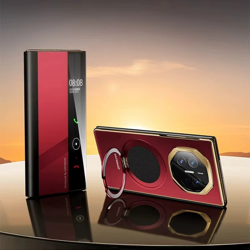 Eary Handyhülle für Huawei Mate XT mit magnetischem 360 Grad drehbarem Ständer und Displayschutz aus Leder und Metall in Rot - Bild 5