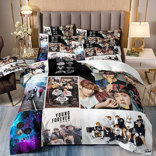 LjqFifteen BTS Kpop Bettwäscheset 3-teilig mit Bettbezug und Kissenbezug, Mehrfarbig, B/H: 135 x 200 cm - Bild 1