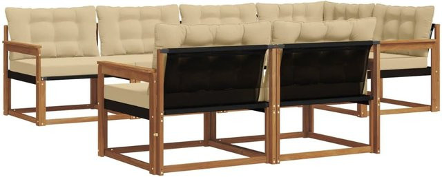 vidaXL Outdoor-Sofagarnitur aus Akazienholz in L-Form, 7-teiliges Set mit Kissen in Natur und Beige - Bild 1