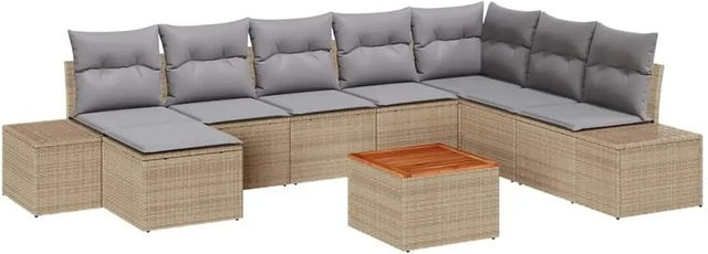 vidaXL Garten-Sofa-Set aus Poly-Rattan in Beige mit 9-teiligem Set und Kissen in U-Form - Bild 1