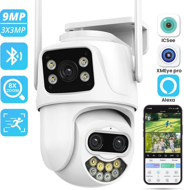 TPTEK WIFI IP-Kamera 9MP PTZ Outdoor 4K Drei-Linsen-Sicherheitskamera mit KI-Menschenerkennung und ICsee App in Weiß - Bild 1