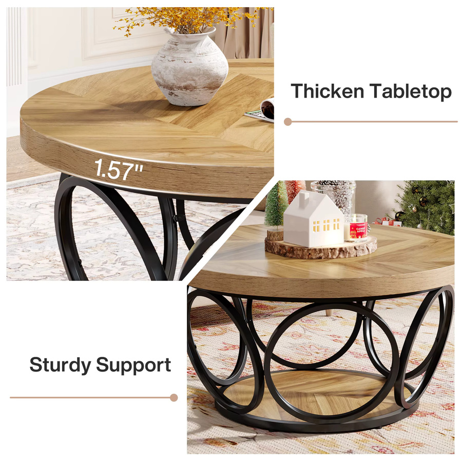 Tribesigns runder Couchtisch aus Holz in Braun mit 2-stufigem Stauraum im Bauernhaus-Stil, Durchmesser: 80 cm - Bild 6