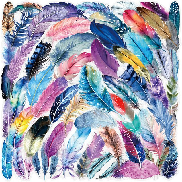 50 Stück transparente Vinyl-Aufkleber mit Federn von LanLanStickersWorld Store, wasserfeste Aufkleber für Handyhüllen, Gepäck und Tagebücher, Mehrfarbig - Bild 1