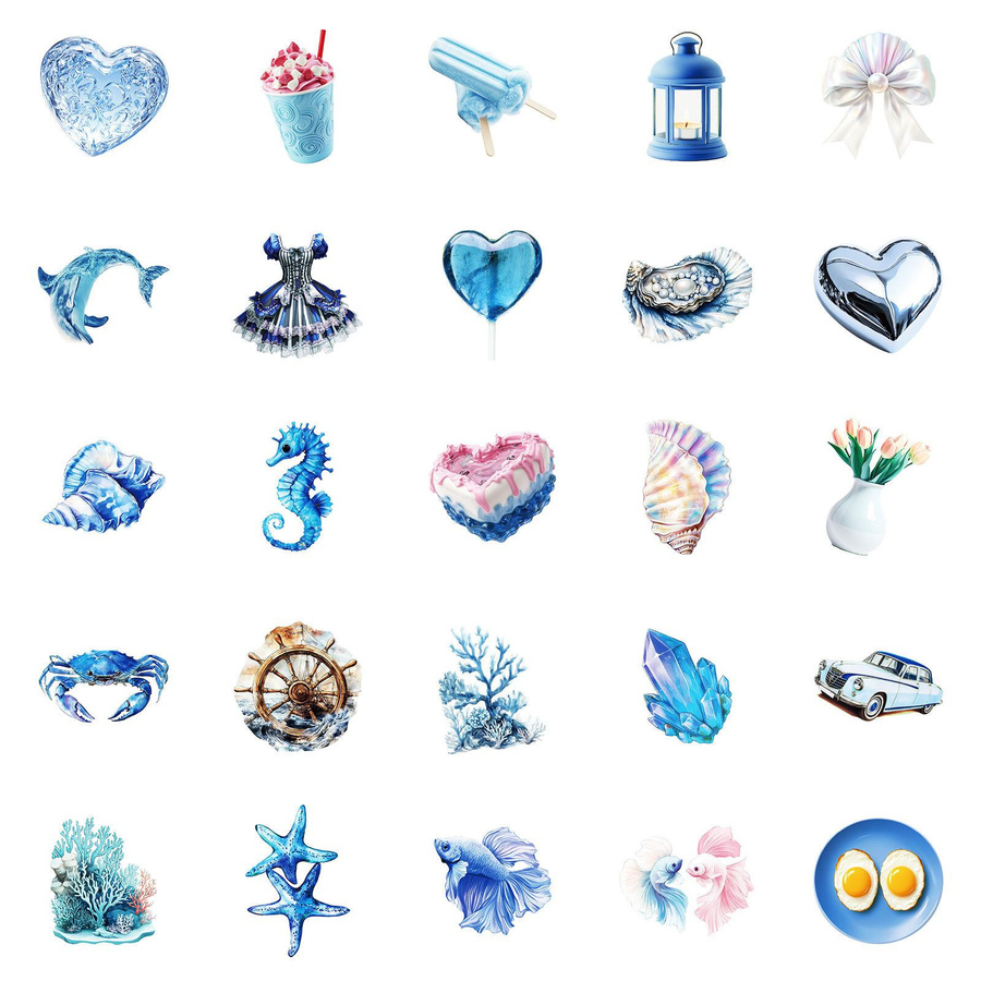 50 Dekorative Blaue Graffiti-Sticker mit Blauer Planet und Kristallmuschel Motiven, Maritime Aufkleber aus Papier - Bild 2