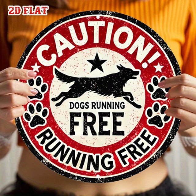 Rundes Aluminium-Metallblechschild Potdemiel Vorsicht Dogs Running Free mit Hundedesign in Rot, Durchmesser: 19,99 cm - Bild 1