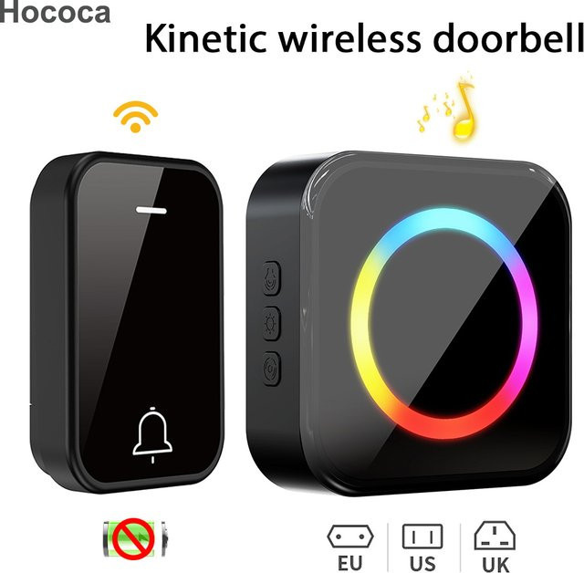 Hococa Kabellose Türklingel RF433 in Schwarz, Wasserdichte Kinetische Türklingel ohne Batterie mit Lichtsignal und hoher Reichweite - Bild 1