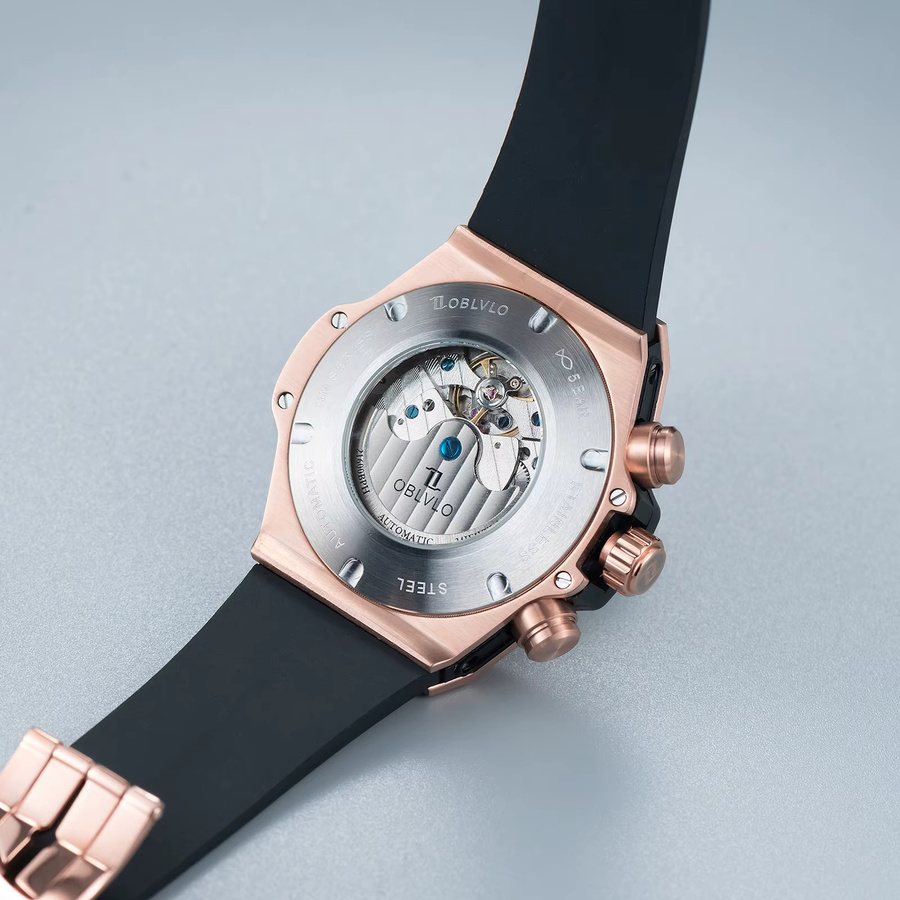 OBLVLO Armbanduhr Automatik, Roségold-Gehäuse, Kautschukarmband, Herren - Bild 5