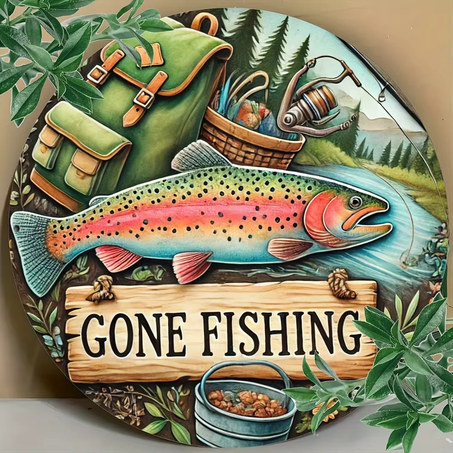 Rundes Vintage-Metallschild HELLOYOUNG Gone Fishing in Mehrfarbig mit Fisch- und Naturmotiv, Durchmesser: 20 cm - Bild 3