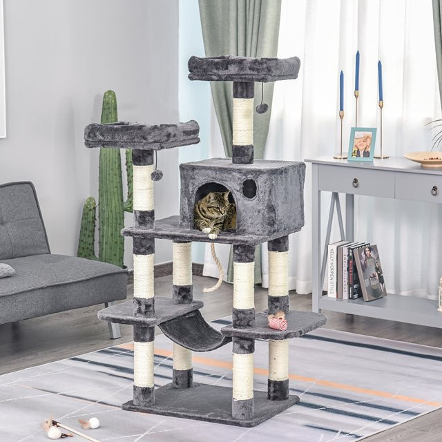 PawHut Katzenbaum Dunkelgrau mit Katzenhaus, Hängematte, Sisalsäulen und Spielzeug, H x B x T: 144 x 60 x 48 cm - Bild 2