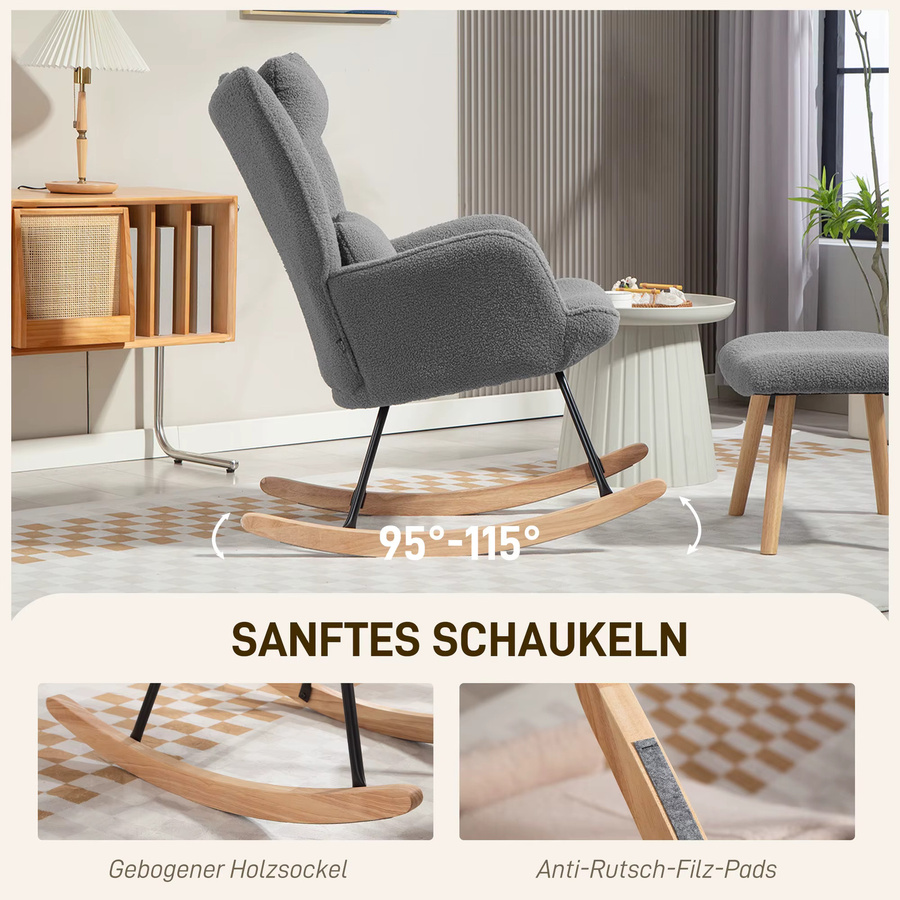 HOMCOM Schaukelstuhl mit Hocker, gepolsterter Relaxsessel mit hoher Rückenlehne, Kopfstütze und Lendenkissen, Dunkelgrau - Bild 3