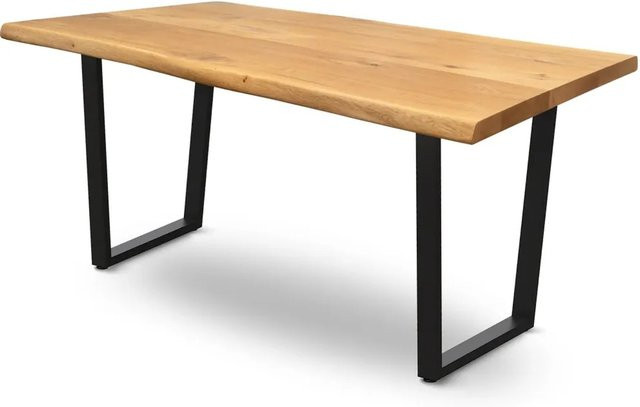 DELUKE Massivholz Esstisch KEANU aus Eiche mit Baumkante und Trapez Gestell, Farbe: Eiche Braun, B/T/H: 140 x 80 x 76 cm - Bild 1