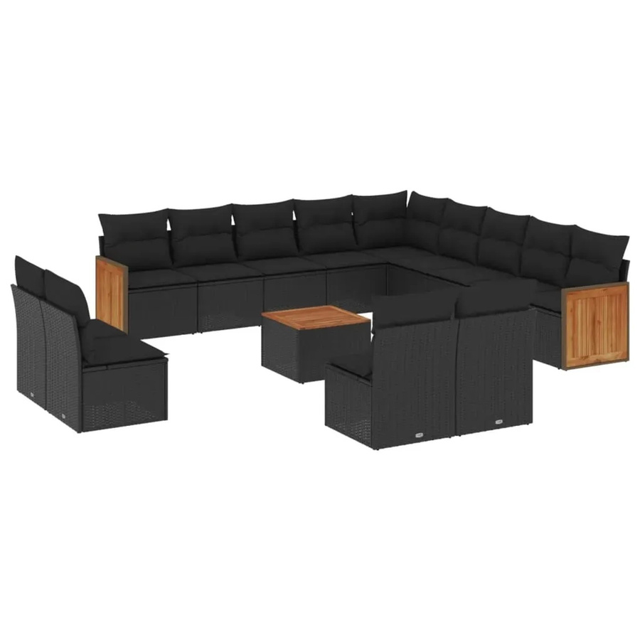 vidaXL 14-tlg. Garten-Sofagarnitur in L-Form aus Polyrattan mit Kissen und Couchtisch, Schwarz - Bild 2
