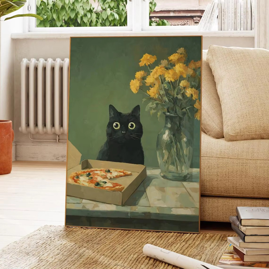 Wandkunst von SHENCHEN mit Katze und Pizza auf tiefgrünem Hintergrund und goldgelber Blume, rechteckiger Kunstdruck aus Papier in Grün und Gold - Bild 2