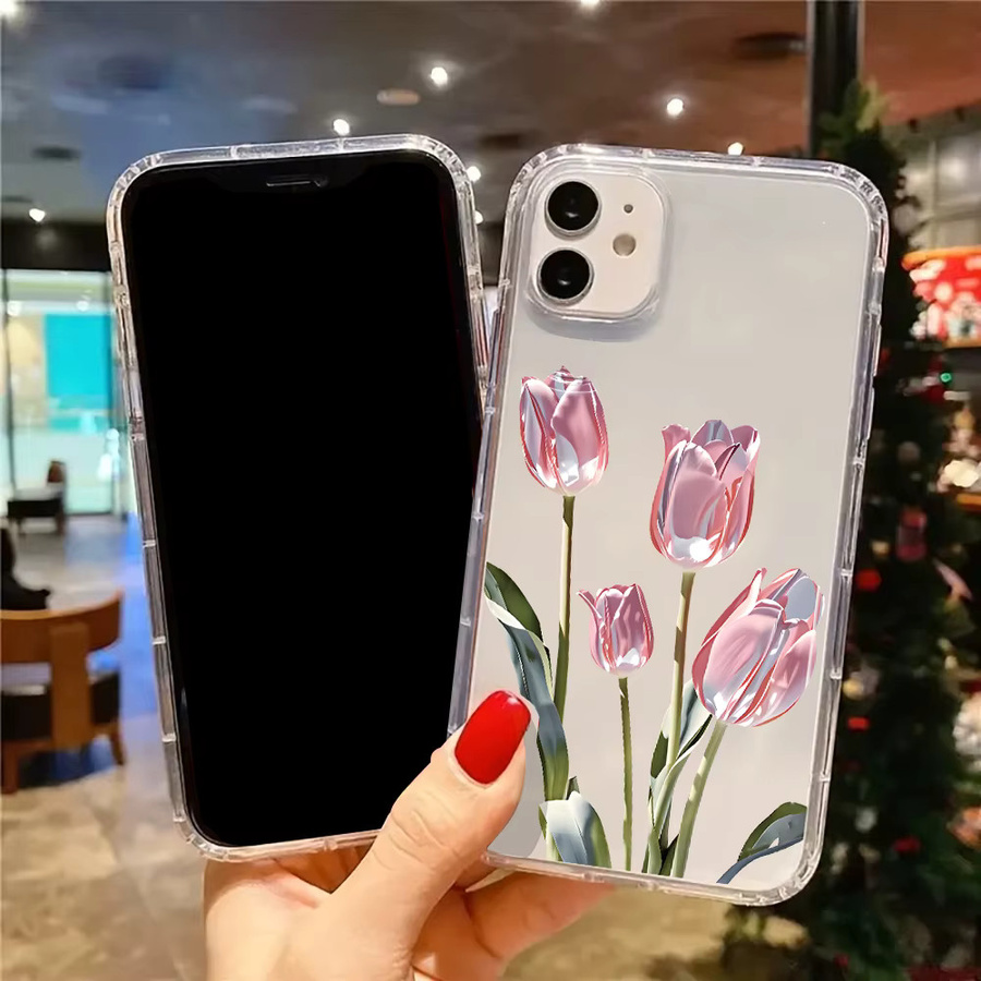 Transparente Silikon Handyhülle mit rosa Tulpen Blumenmuster für iPhone 11 12 13 14 15 16 17 Pro Max und XS XR Soft Cover - Bild 4