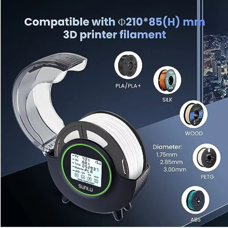 SUNLU S2 Filament-Trocknerbox in Schwarz mit 4,6-Zoll-LCD-Luftfeuchtigkeitsanzeige für PLA, ABS, PA und PC, geeignet für 1,75 mm bis 3,0 mm Filament - Bild 4