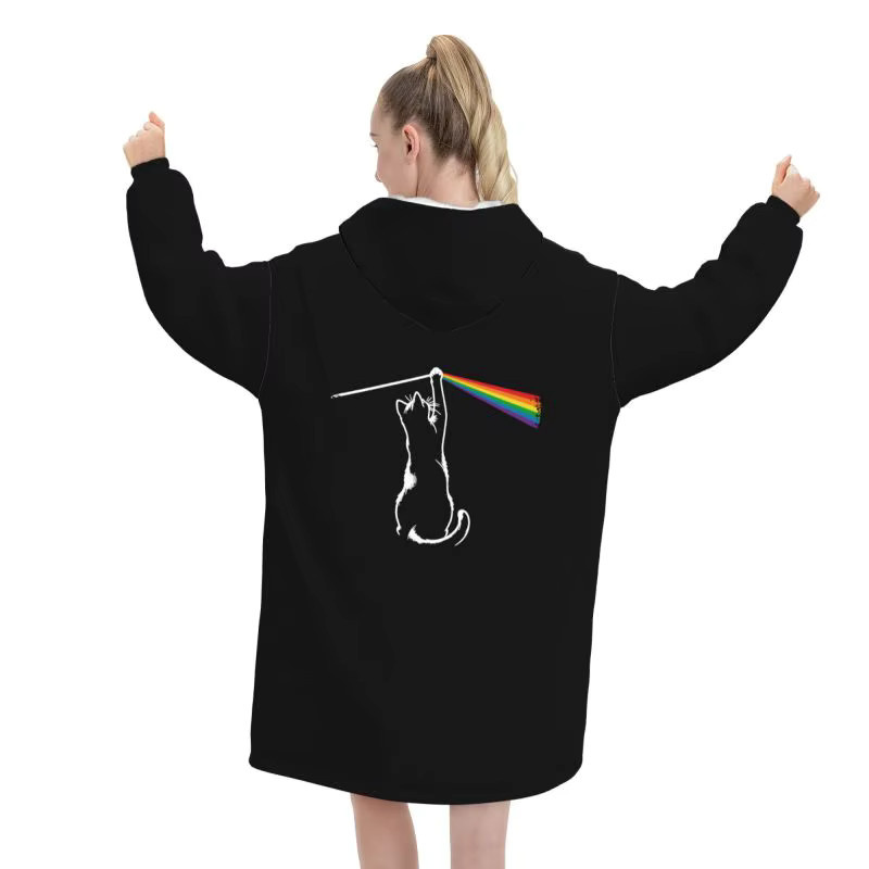 Schwarze Kapuzen-Fleece-Decke mit lustigem Katzen-Rockmusik-Print für Frauen, übergroßer Sherpa-Pullover mit Taschen und Ärmeln - Bild 2