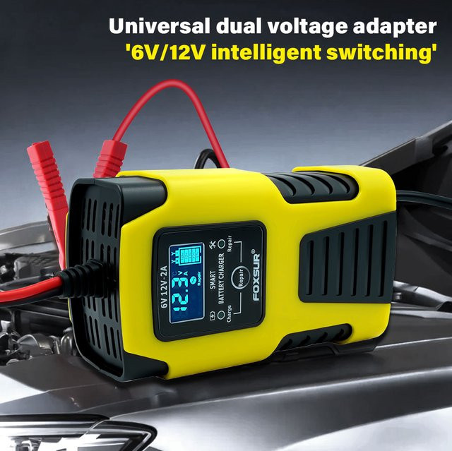 Automatisches Autobatterie-Ladegerät mit LCD-Anzeige und Impulsreparatur für Blei-Säure, GEL, AGM, Nass, Calcium und Deep Cycle VRLA Batterien, Gelb, 6V/12V 2A - Bild 1