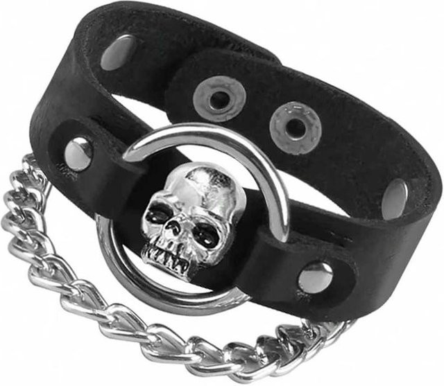 YIRAN Armband, Totenkopf, Nieten, Leder, Schwarz, Unisex - Bild 1