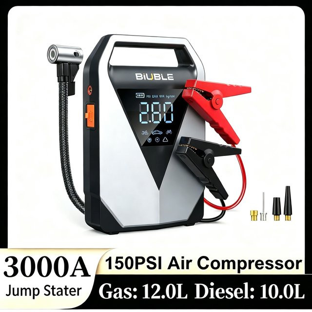 BIUBLE 4 in 1 Auto Starthilfe und Luftkompressor mit 3000A Booster und 12000 mAh Akku, 150 PSI Reifenpumpe - Bild 1