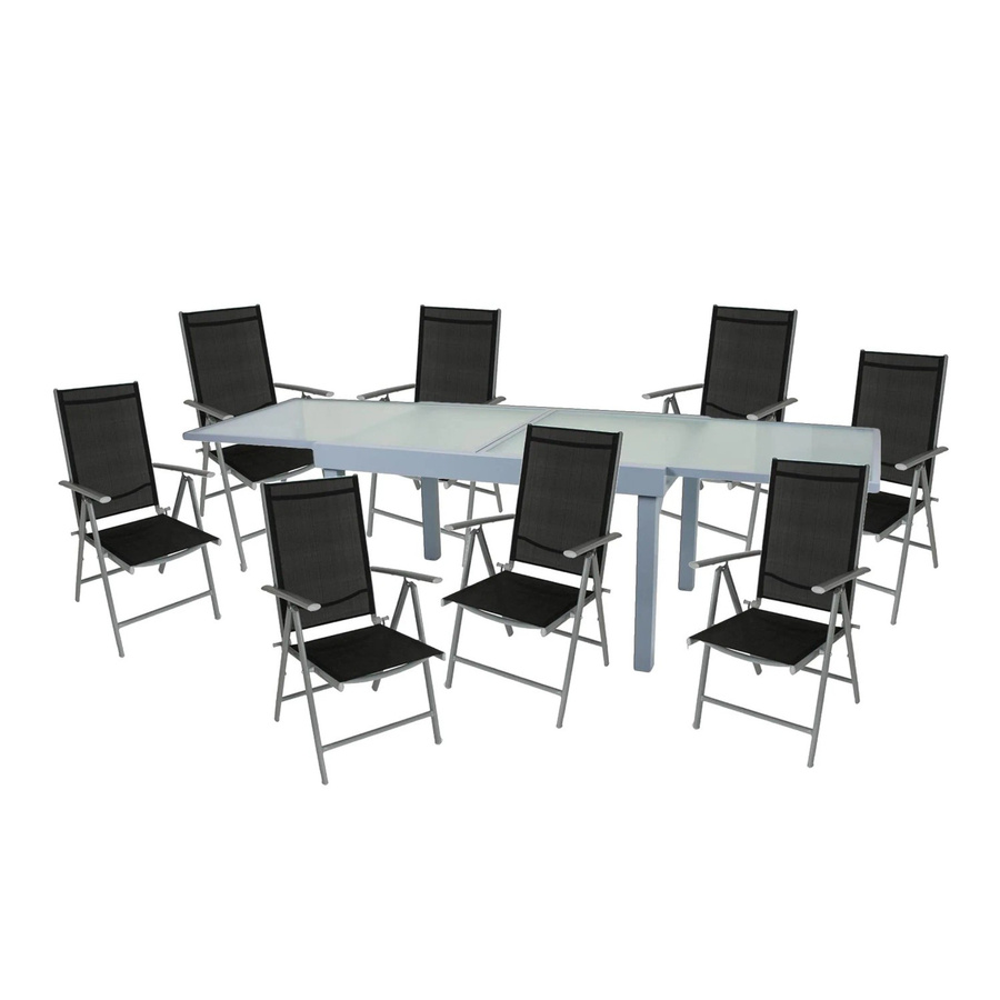 DELUKE Garten-Sitzgruppe ARNO 9-tlg. aus Aluminium in Grau mit ausziehbarem Esstisch und Hochlehner-Klappstühlen und Temperglas-Tischplatte - Bild 2