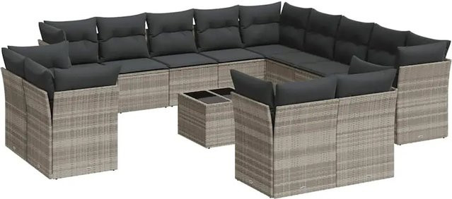 vidaXL 14-tlg. Garten-Sofagarnitur in L-Form aus Poly-Rattan mit Kissen und Couchtisch, Hellgrau - Bild 1