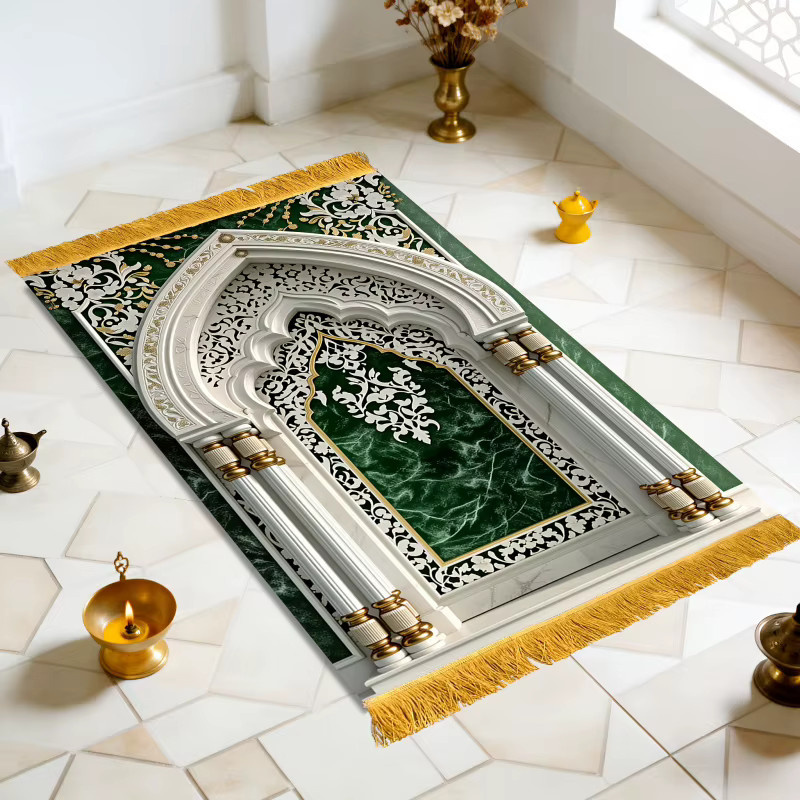 VIKAMA Gebetsmatte mit grün-goldenen Bögen im Retro-Design, tragbare muslimische Gebetsmatte für die Anbetung - Bild 2