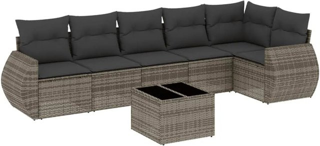 vidaXL 7-teilige Garten-Sofagarnitur in L-Form aus grauem Poly-Rattan mit Kissen und pulverbeschichtetem Stahlgestell - Bild 1