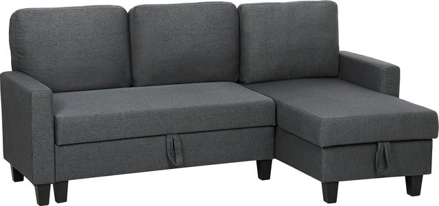 HOMCOM Ecksofa mit Schlaffunktion und Bettkasten in L-Form, 3-Sitzer ausziehbares Schlafsofa mit Chaiselongue und verstellbarer Rückenlehne, Leinenoptik, Dunkelgrau - Bild 1