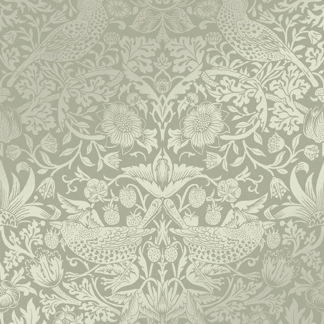 William Morris at Home Vliestapete Strawberry Thief in Hell Grün und Gold mit floralem Naturmotiv, 10 m Rolle - Bild 1