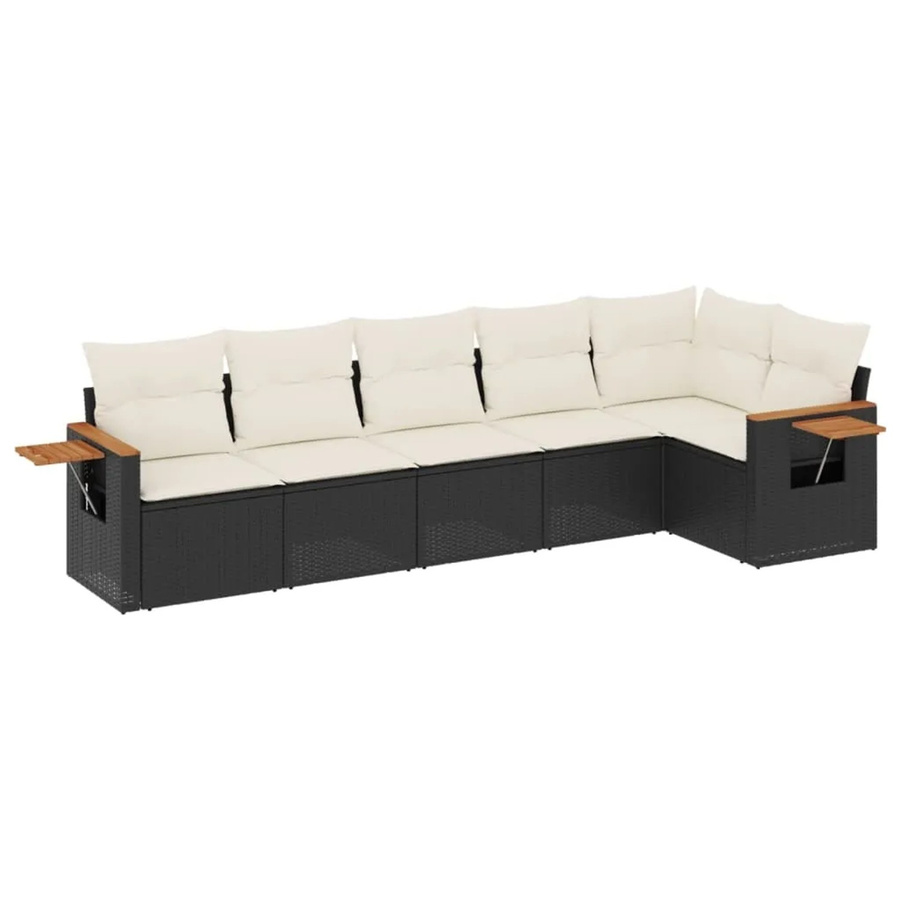 vidaXL 6-teilige Garten-Sofagarnitur in L-Form aus Poly-Rattan und Akazienholz mit Kissen in Schwarz und Cremeweiß - Bild 2