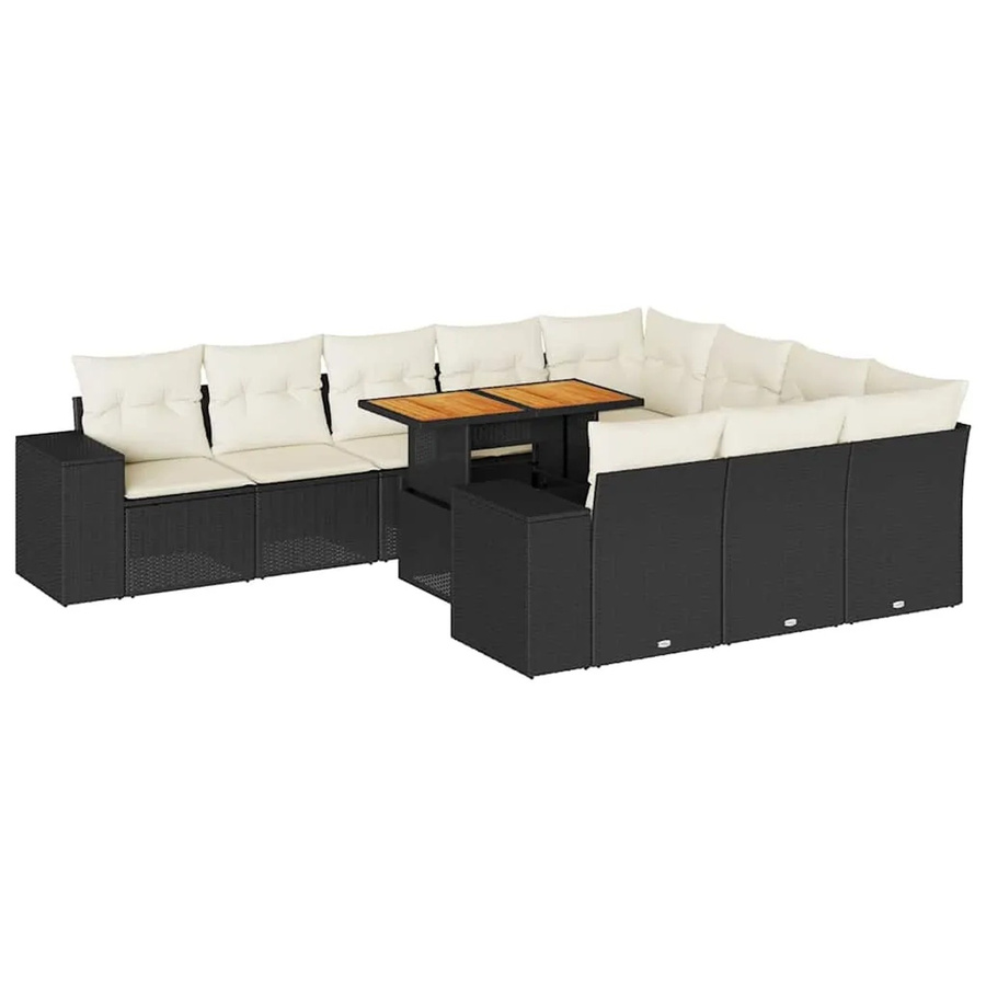 vidaXL 10-teilige Garten-Sofagarnitur in L-Form aus Polyrattan und Akazienholz mit Kissen in Schwarz-Creme - Bild 2