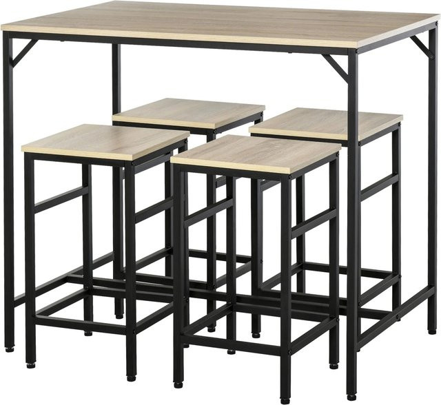 HOMCOM 5-teiliges Bartisch-Set in Eiche und Schwarz, moderner Esstisch mit Stühlen aus Holz und Metall, B/T/H: 100 x 60 x 88 cm - Bild 1