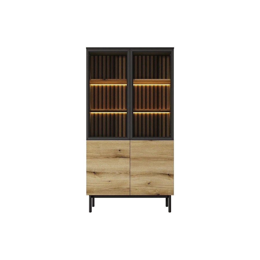 Vente-unique Vitrinenschrank Labenia in Schwarz und Naturfarben Hell mit Glastüren und LED-Beleuchtung, Breite: 100,1 cm - Bild 2