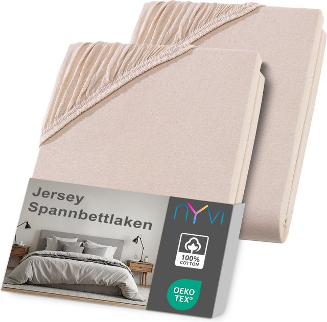 NYVI DreamScience Jersey Spannbettlaken 2er Pack, Beige, Bügelfrei, für Matratzen bis 22 cm Höhe, B/T: 180 x 200 cm bis 200 x 200 cm - Bild 1