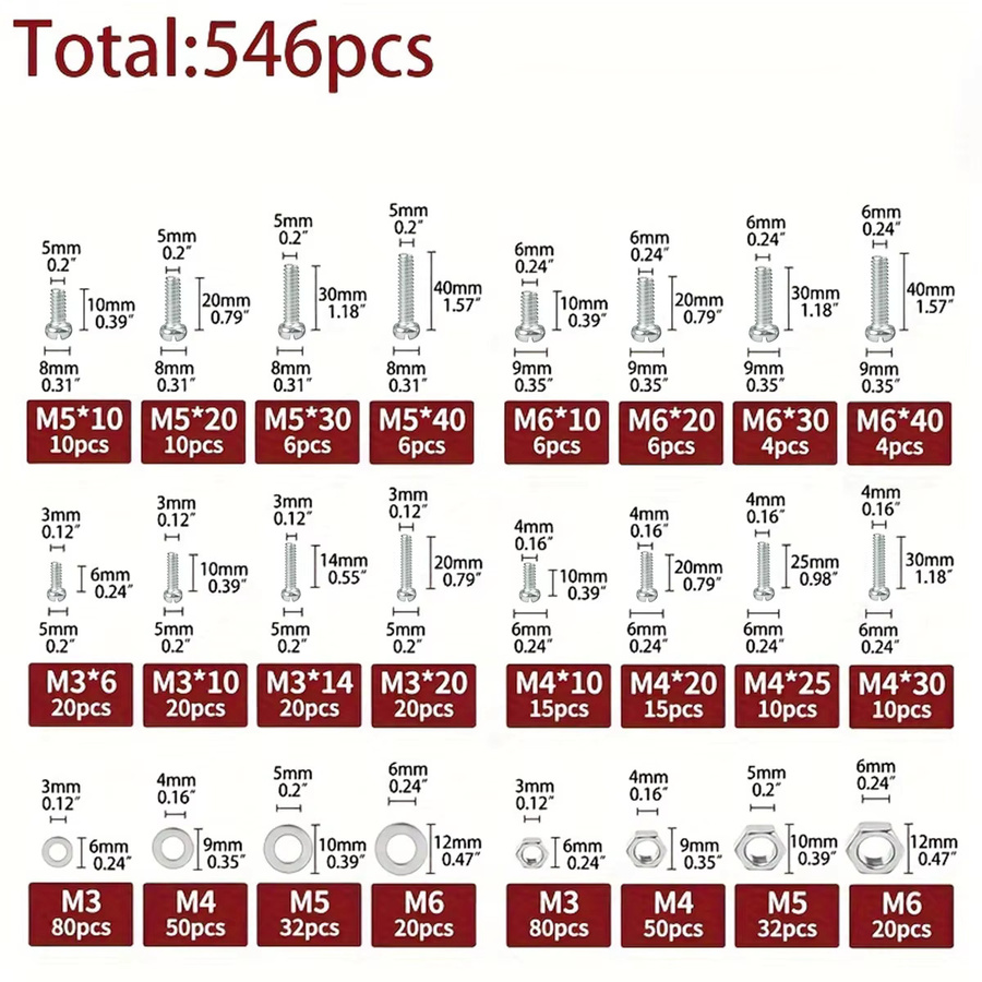 MIVM 546-teiliges Set aus verzinkten Kreuzschlitz-Rundkopfschrauben, Muttern und Unterlegscheiben in Silber für M3, M4, M5 und M6 - Bild 2