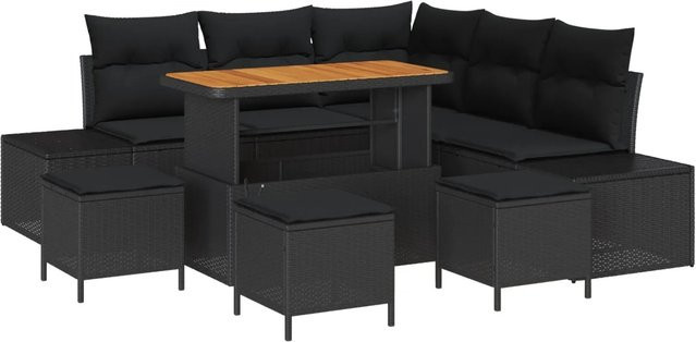 vidaXL Garten-Sofa-Set aus Poly Rattan in Schwarz, 9-teiliges L-Shape Lounge-Set mit Polsterung und integrierter Stauraumfunktion - Bild 1