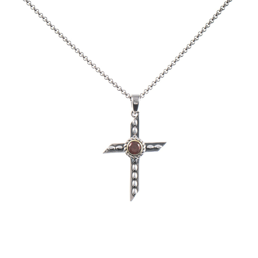 Anhänger Kreuz mit Kette, 925 Silber, geschwärzt, Granat, Unisex - Bild 1