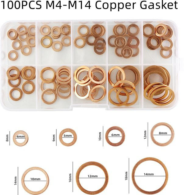 100er Set Kupfer Unterlegscheiben Dichtungen Muttern und Bolzen in Gold mit Aufbewahrungsbox für M4 bis M14 - Bild 1