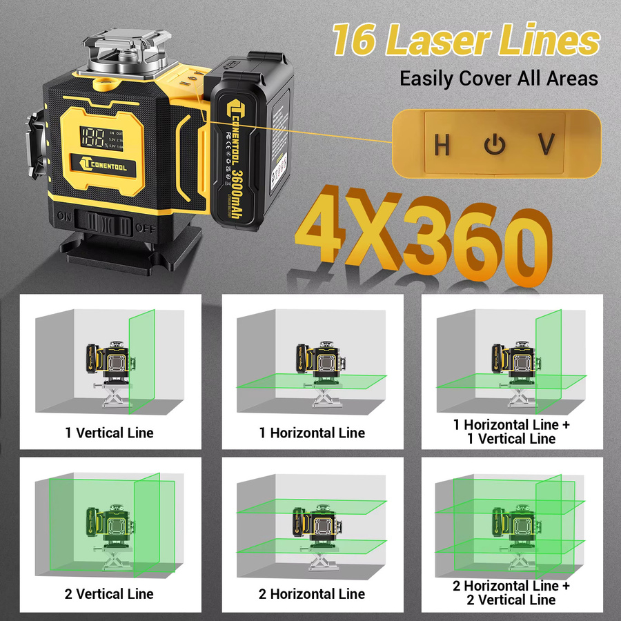 CONENTOOL Laser-Nivelliergerät mit 100cm Stativ, Multifunktionales 4D 16 Kreuzlinien Gerät mit 360 Grad Rotation, Rot in der Ausführung mit 2 Akkus und Ladegerät - Bild 3