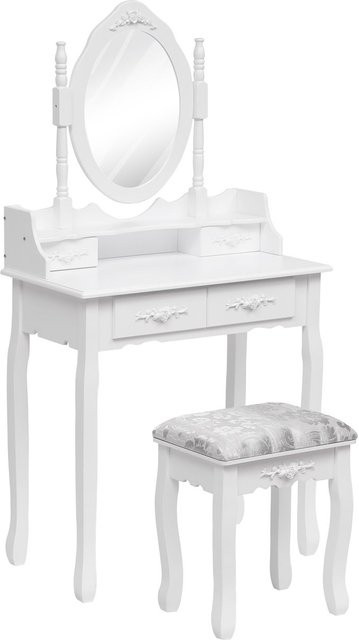 3-teiliges Happy Home Schminktisch-Set im Retro-Design mit Spiegel, 4 Schubladen und Hocker in Weiß, B/T/H: 100 x 40 x 142 cm - Bild 1