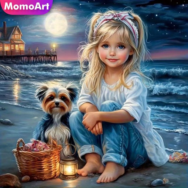 Momoart 5D DIY Diamantmalerei Mädchenporträt mit Cartoon-Hund als Runddiamant Mosaik-Set in Mehrfarbig zur Wanddekoration - Bild 1