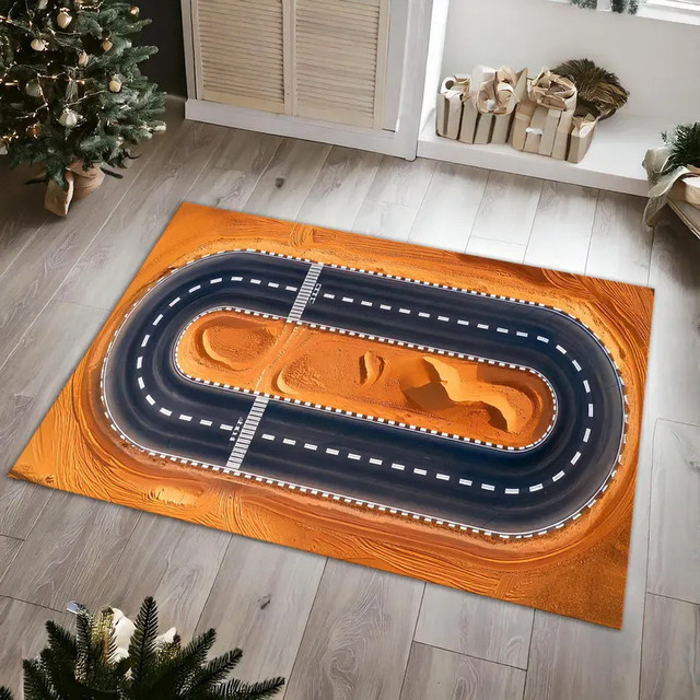 Racing Track Teppich für Kinderzimmer und Wohnzimmer, rutschfestes Spielpad mit Rennstrecken-Motiv in Orange - Bild 1