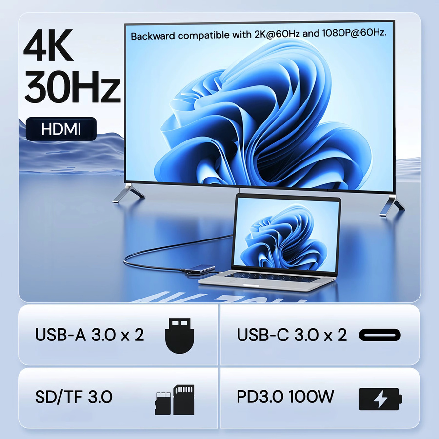 AVOXEN 8-in-1 USB-C Hub mit HDMI, PD 100W, 5Gbps und SD/TF Kartenleser Multiport-Adapter Dockingstation für Laptop und MacBook - Bild 2