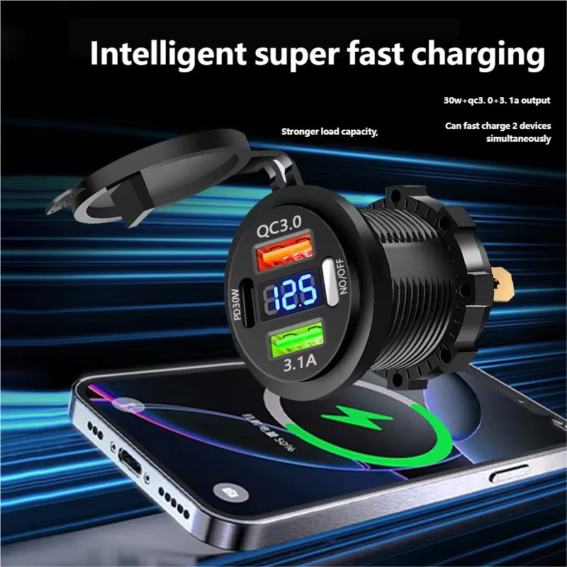 Kebidumei Autoladegerät mit USB-C und Dual USB 3 Ports Schnellladebuchse, wasserdicht mit Voltmeter, Schwarz, 12 V/24 V Adapter für Boot und Motorrad - Bild 3