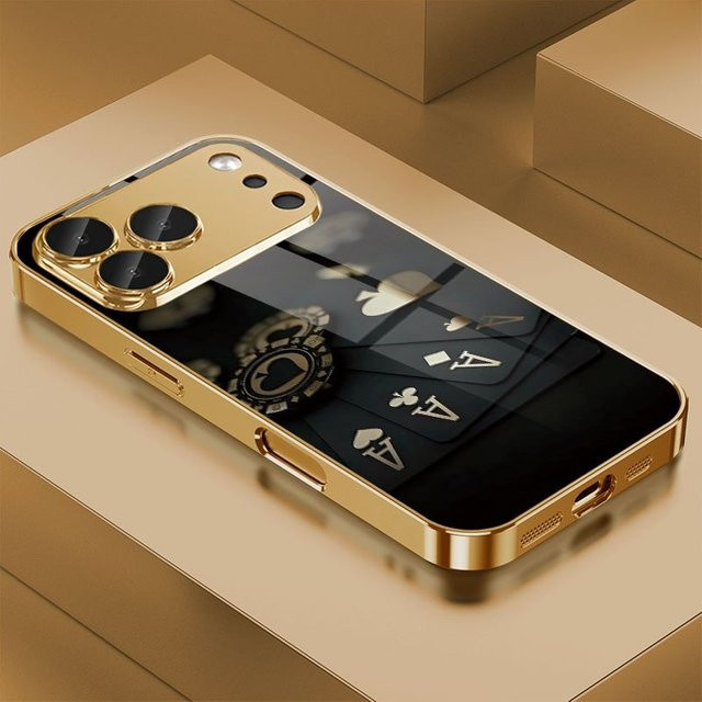Apple iPhone Handyhülle aus Glas mit schwarzem Karten-Gold-Symbol-Muster in Schwarz und Gold Metallic Lack - Bild 1