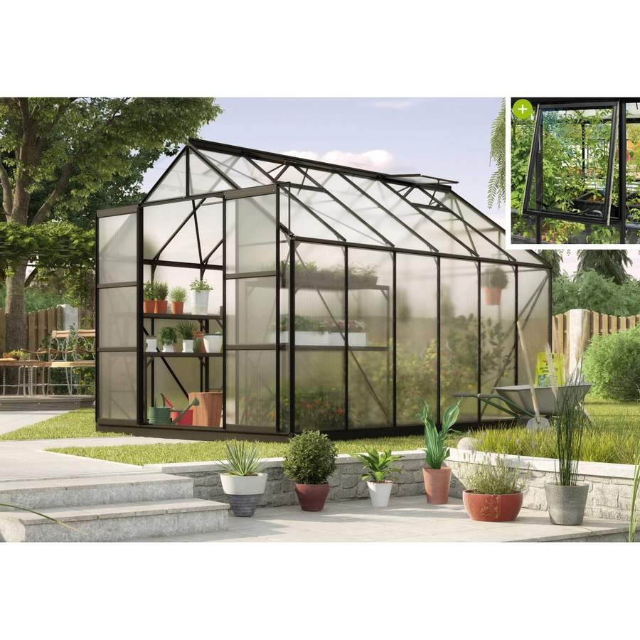 Vitavia Gewächshaus Jupiter 9900 Schwarz mit Fundament und Regenrinnen aus Aluminium und Polycarbonat-Hohlkammerplatten mit Satteldach, 9,9 m² - Bild 2