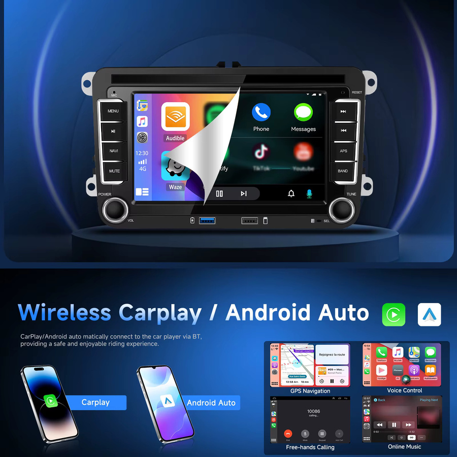 Podofo Android Autoradio 2 Din mit 7 Zoll Display, 2+64G, Schwarz, mit WiFi, GPS, Wireless CarPlay und Android Auto für Volkswagen, Seat und Skoda - Bild 3