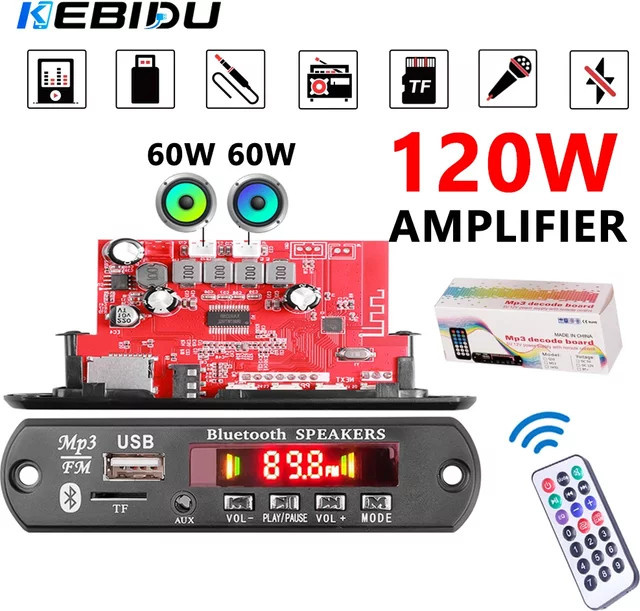 KEBIDU 120W Bluetooth MP3 Decoder Board mit USB, TF und FM Radio als kabelloses Auto-Audio-Modul in Schwarz - Bild 1